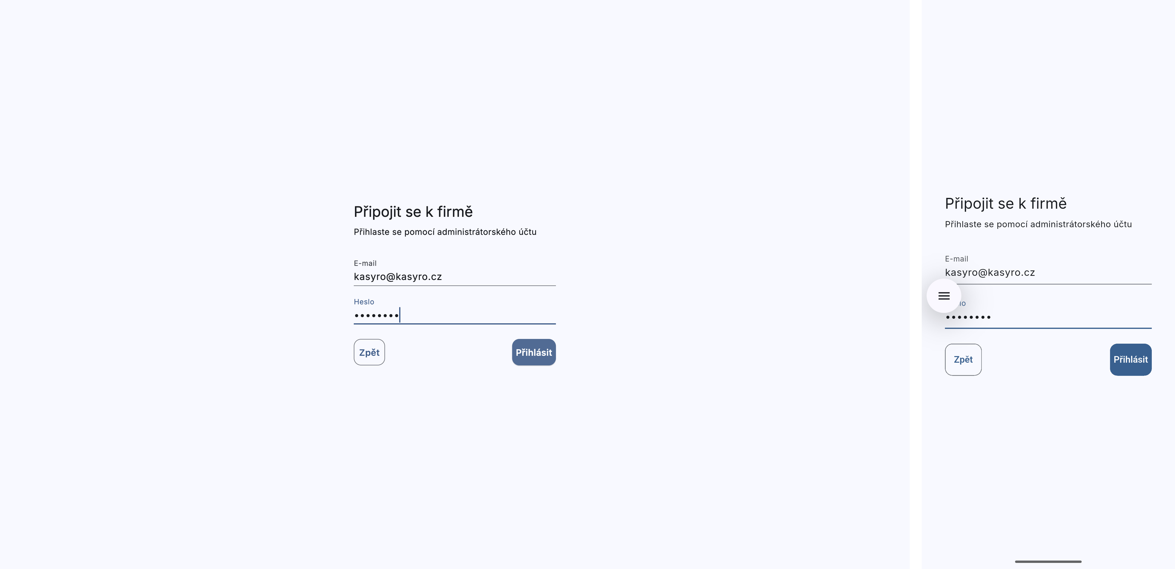 Obrazovka připojení k firmě — přihlášení administrátorským účtem
