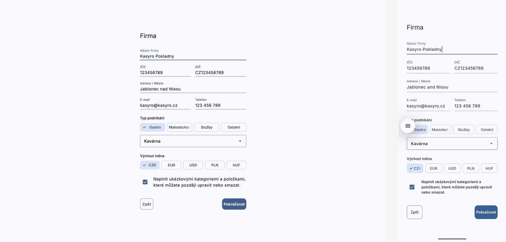 Krok 2 — Údaje o firmě, typ podnikání a měna